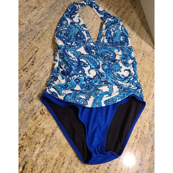 CHAPS Size 10 Blue White Paisley Ruched Shirred Halter Swim Bathing Suit - Picture 1 of 11